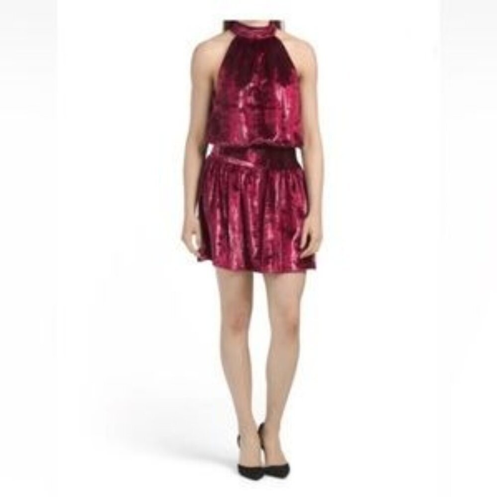 NWT Ramy Brook Ellin Velvet Halter Neck Mini Dress Women's M Cranberry Shimmer
